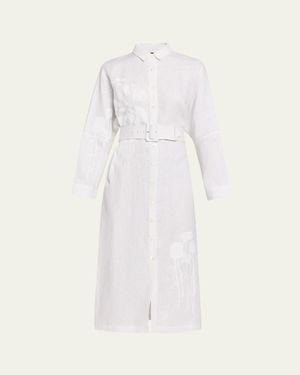 Libertine On Hand Silk Screen Belted Linen Shirtdress - White