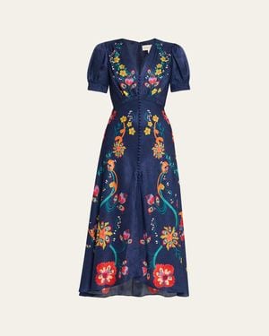 Saloni Lea Printed Long Dress - Blue