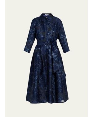 Teri Jon Metallic Jacquard Shirtwaist Midi Dress - Blue