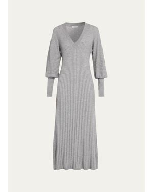 Brunello Cucinelli Sparkle Cashmere Rib Long-Sleeve Midi Dress - Gray
