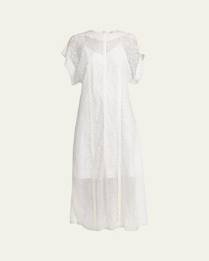 Bottega Veneta Sheer Floral Lace Short-Sleeve Midi Dress - White