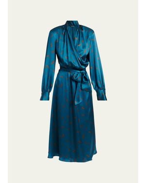 Kiton Strong-Shoulder Long-Sleeve Satin Midi Wrap Dress - Blue