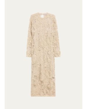 Brunello Cucinelli Mohair Sparkling Floral Embroidered Mesh Dress - Natural