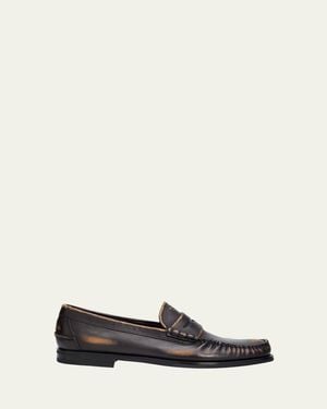 Prada Anitqued Leather Penny Loafers - White