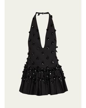 DIOTIMA Embellished Plunging Ruffle Halter Top - Black