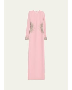 Naeem Khan Crystal Crepe Long-Sleeve Strong-Shoulder Gown - Pink