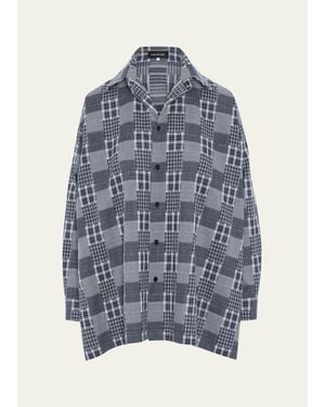 Eskandar Cotton Patchwork Slim A-Line Shirt - Blue