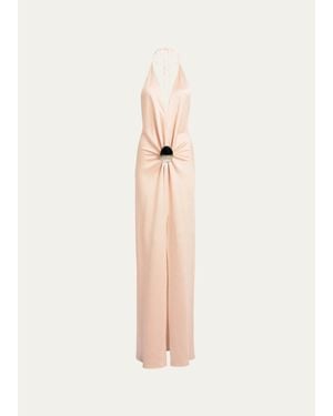 Silvia Tcherassi Rowan Gathered Hammered Silk Plunging Halter Maxi Dress - Natural