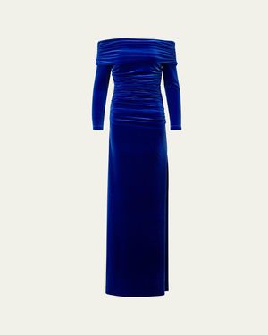 Akris Velvet Off-The-Shoulder Draped Gown - Blue