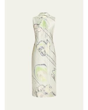 Jason Wu Sleeveless Watercolor Bias-Cut Scarf Midi Dress - White