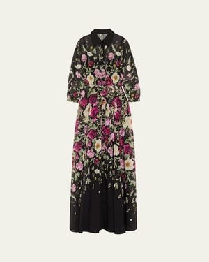 Teri Jon Floral-Print Chiffon Shirt Gown - White