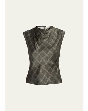 Vince Diamond Plaid Silk Cowl-Neck Top - Green