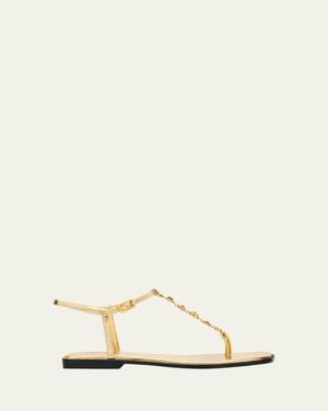 NODALETO Embellished Metallic Leather Flat Sandals - Natural