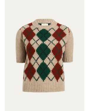 KHAITE Lisa Argyle Cashmere-Mohair Knit Short-Sleeve Sweater - Multicolor