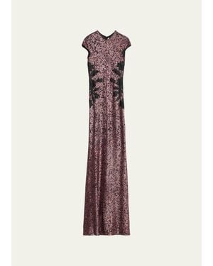 Naeem Khan Floral Applique Short-Sleeved Sequin Gown - Multicolor