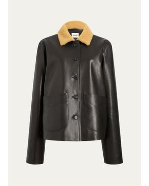 KHAITE Wilson Lamb Shearling Collar & Leather Barn Jacket - Black