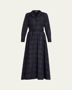 Akris Flannel Plaid Belted Long-Sleeve Maxi Shirtdress - Blue