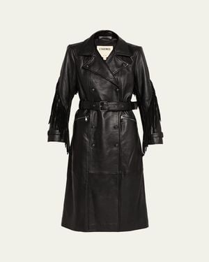 L'Agence Celina Leather Fringe Trench Coat - Black