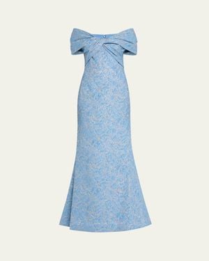 Teri Jon Off-Shoulder Metallic Jacquard Gown - Blue