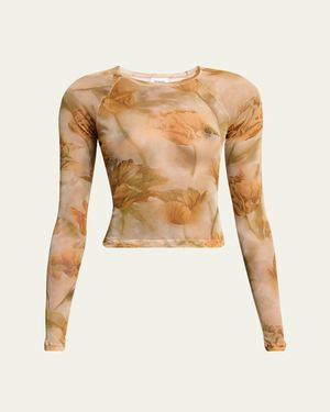 Saint Laurent Floral-Print Mesh Long-Sleeve Top - Multicolor