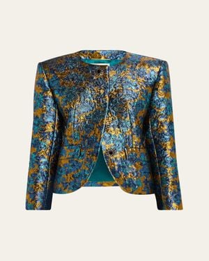 Saint Laurent Metallic Floral Brocade Single-Breasted Jacket - Blue