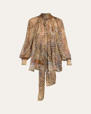 Etro Animal Paisley-Print Silk Scarf-Neck Blouse - Natural