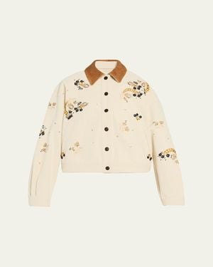 Isabel Marant Lavine Embroidered Cotton Leather-Collar Barn Jacket - Natural