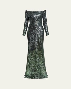 Elie Saab Off-The-Shoulder Ombre Sequin Trumpet Gown - Green