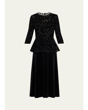Teri Jon Rhinestone-Trim Floral Velvet Crepe Midi Dress - Black