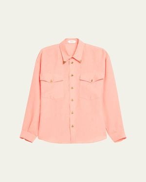 Versace Linen Medusa Metal-Trim Button-Down Shirt - Pink