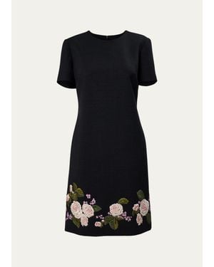 Carolina Herrera Floral Embroidered Wool Short-Sleeve Mini Dress - Black