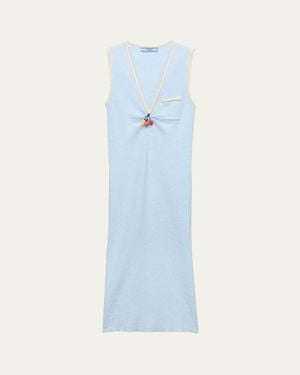 Prada V-Neck Beaded Charm Cotton Rib Dress - Blue