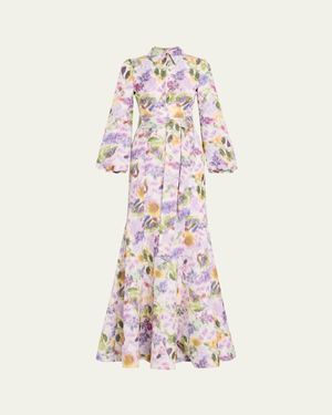 Badgley Mischka Floral-Print Taffeta Shirt Gown - White