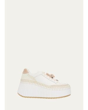 Chloé Nama Mixed Leather Stitch Platform Sneakers - White
