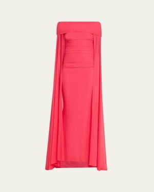 Talbot Runhof Ruched Off-The-Shoulder Mesh Cape Gown - Pink