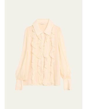 Ramy Brook Claire Ruffle Blouson-Sleeve Silk Blouse - Natural