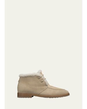 Bougeotte Suede Shearling-Lined Ankle Boots - Natural
