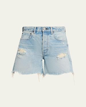 Moussy Distressed Denim Mid-Rise Shorts - Blue