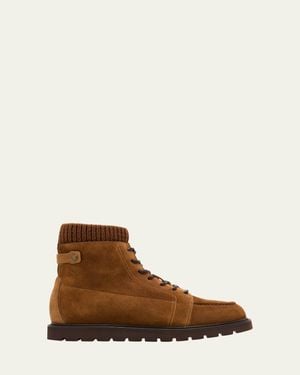 Loro Piana Verbier Suede Knit-Collar Lace-Up Boots - Brown
