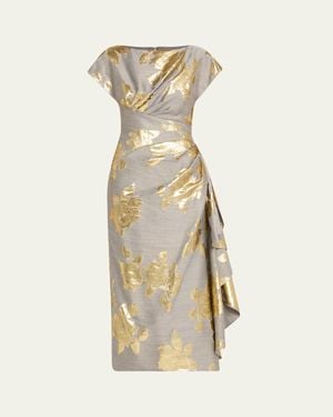 Lela Rose Florence Metallic Floral Jacquard Draped Midi Dress - Natural