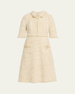 Teri Jon Fringe-Trim Metallic Tweed Dress - Natural