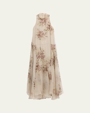 Brunello Cucinelli Floral-Print Silk Halter Maxi Dress - Natural