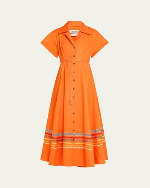 Christopher John Rogers Embroidered Short Sleeve Belted Shirtdress - Orange