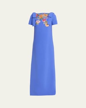 Carolina Herrera Embroidered Bow-Shoulder A-Line Gown - Blue