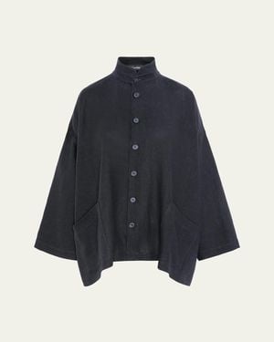 Eskandar Heavyweight Linen Angle-To-Front Double Stand Collar Jacket - Blue