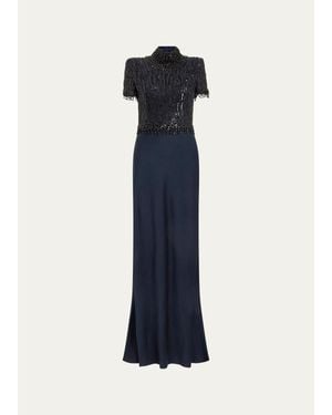 Jenny Packham Trinity Embellished Strong-Shoulder Satin Gown - Blue
