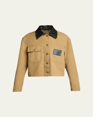 Balenciaga Leather-Collar Cropped Canvas Workwear Jacket - Natural