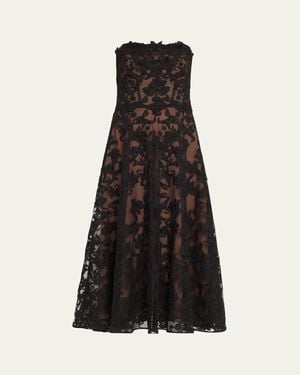 Marchesa Strapless A-Line Lace Midi Dress - Black