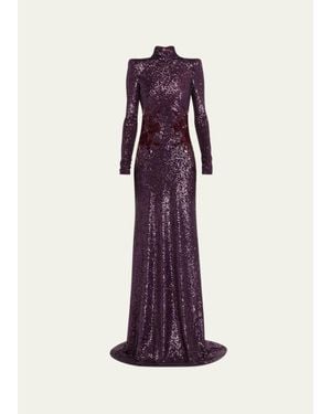 Naeem Khan High-Neck Long-Sleeve Floral Sequined Gown - Purple