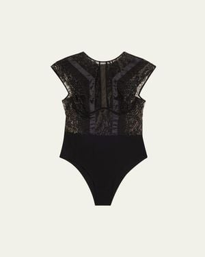LIVY Macy Cap-Sleeve Lace & Satin Bodysuit - Black